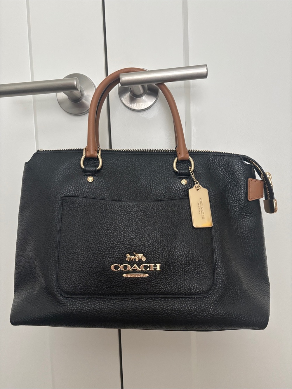 Coach Black Pebbled Leather Satchel with Brown Handles and Gold Hardware